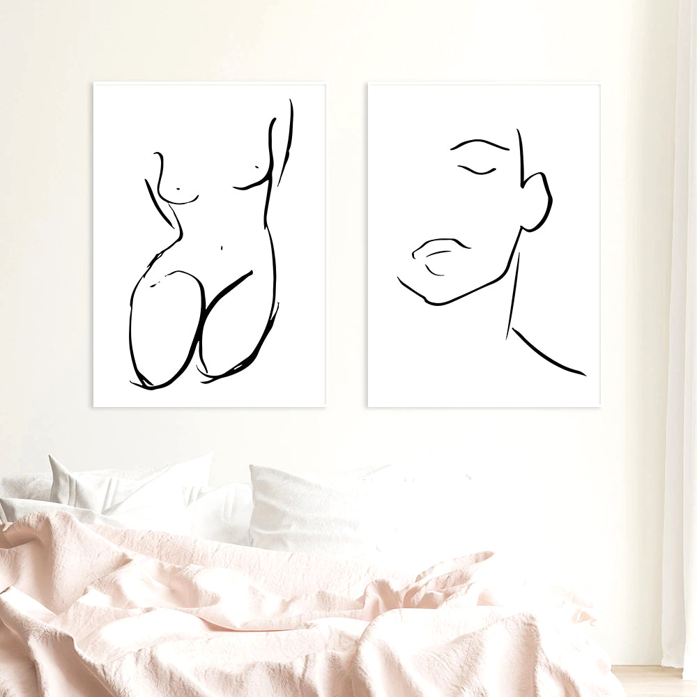 Two black and white line art prints of a torso and face.