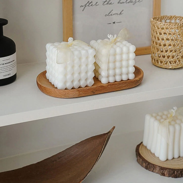 White bubble candles on wooden tray - 6_b2fb7a6c
