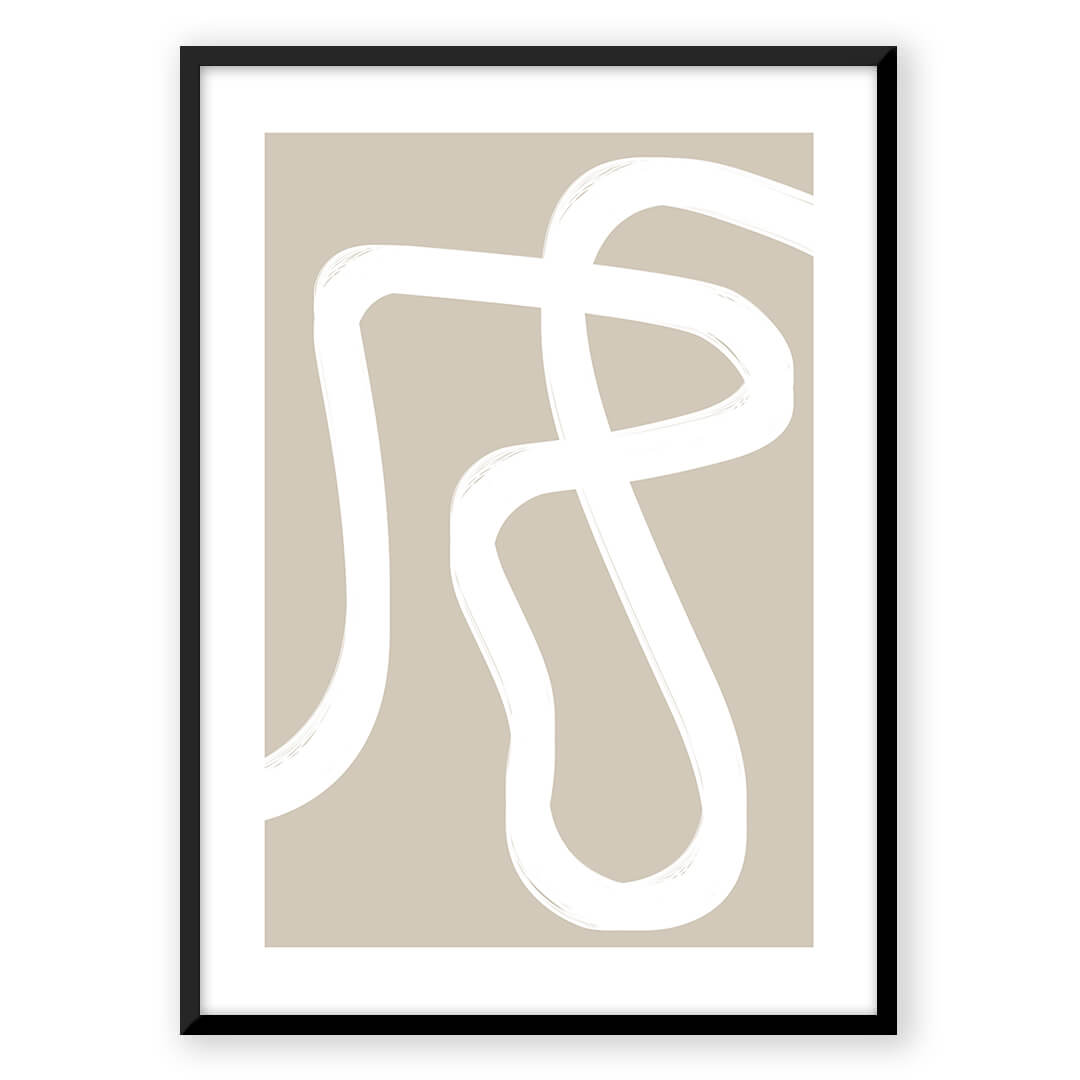 Abstract art print with white lines on beige background.