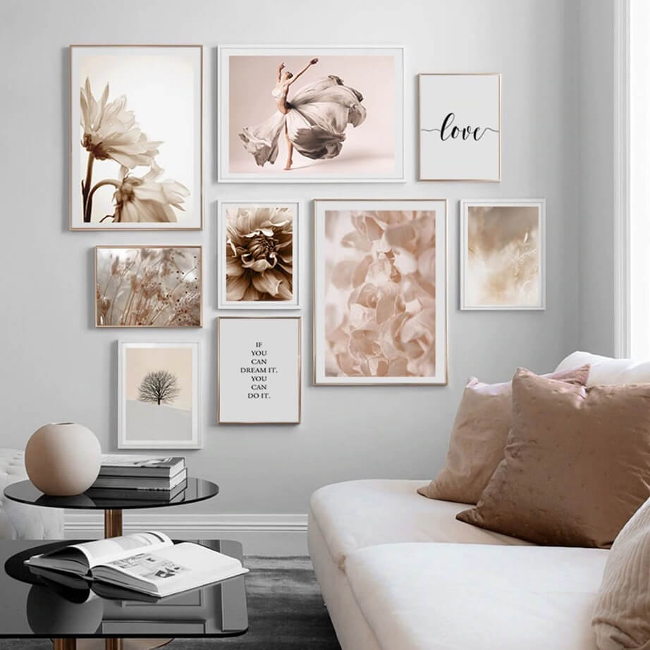 Bohemian style flower petal prints on wall, interior decor.