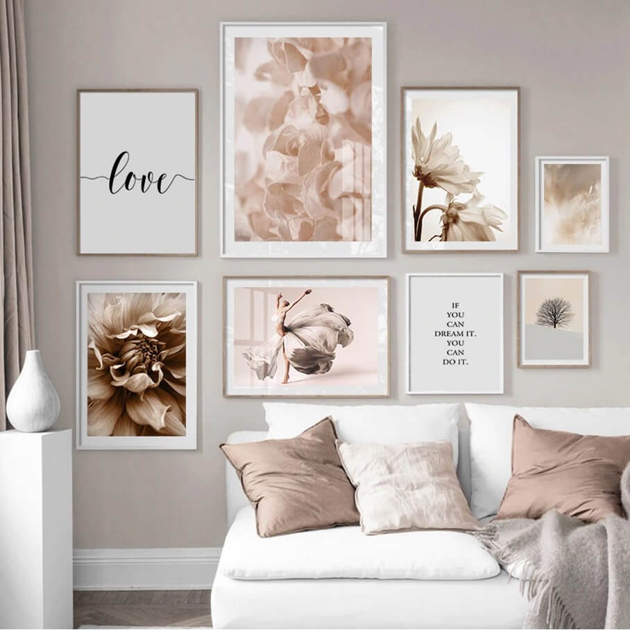 Bohemian flower petal prints & wall art above a couch