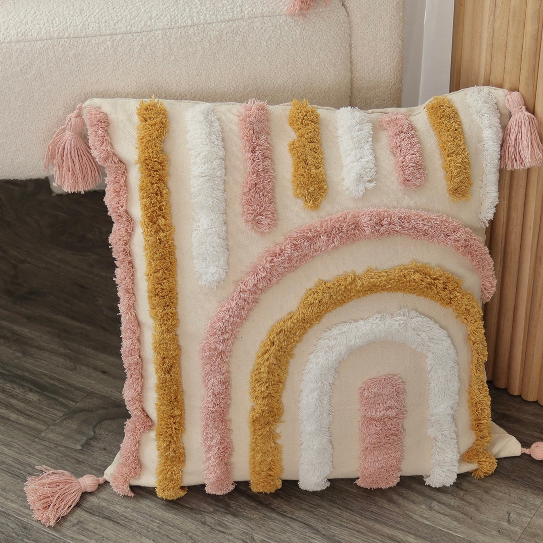 Soft cotton pillow covers featuring boho-chic tufted details