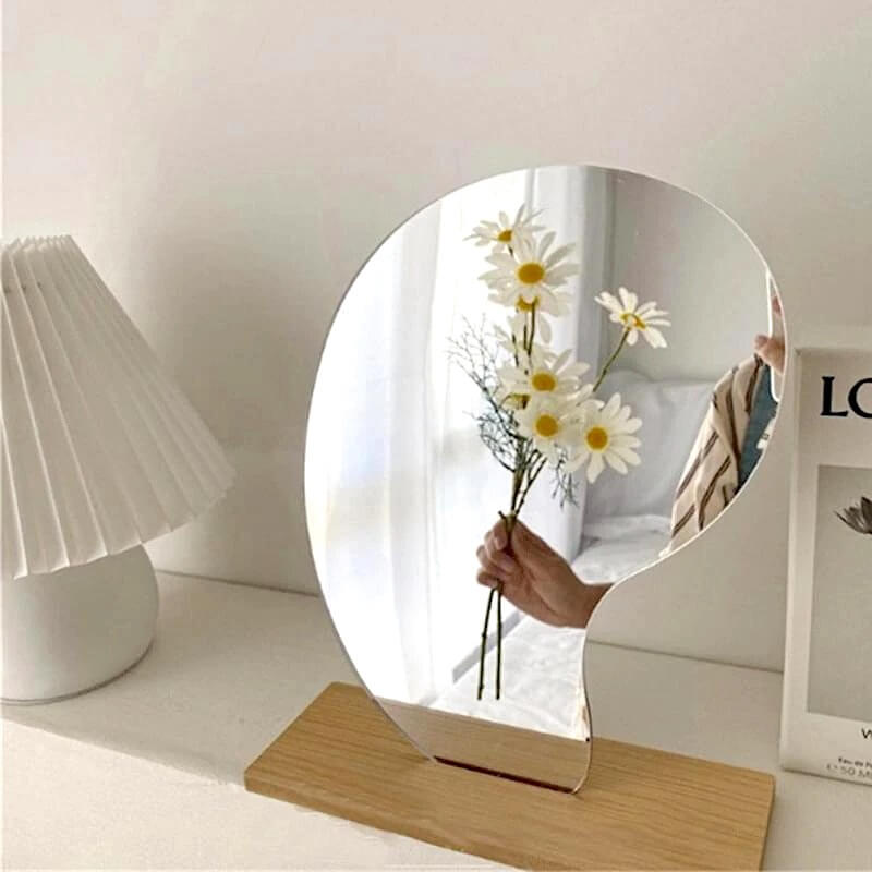 Korean style makeup mirror with storage, daisies in reflection