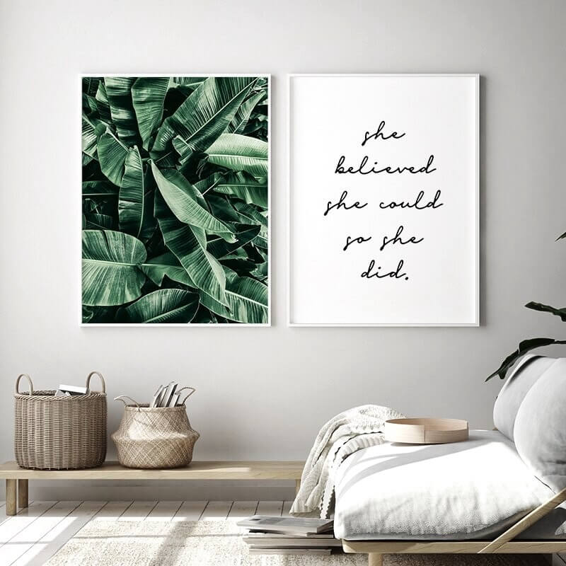 Botanical banana leaf poster with She believed she could quote