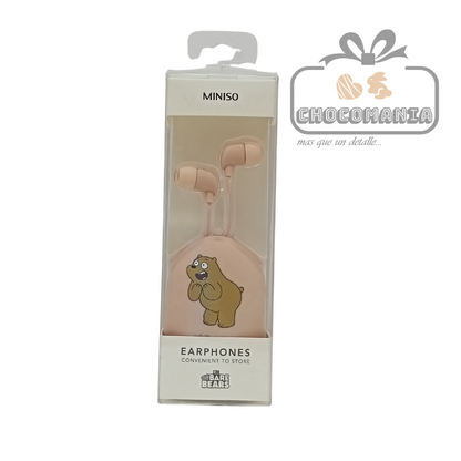 AUDIFONOS TIPO BOTON MINISO OSOS ESCANDALOSOS ESTUCHE Y MICROFONO ROSA - CHOCOMANIA