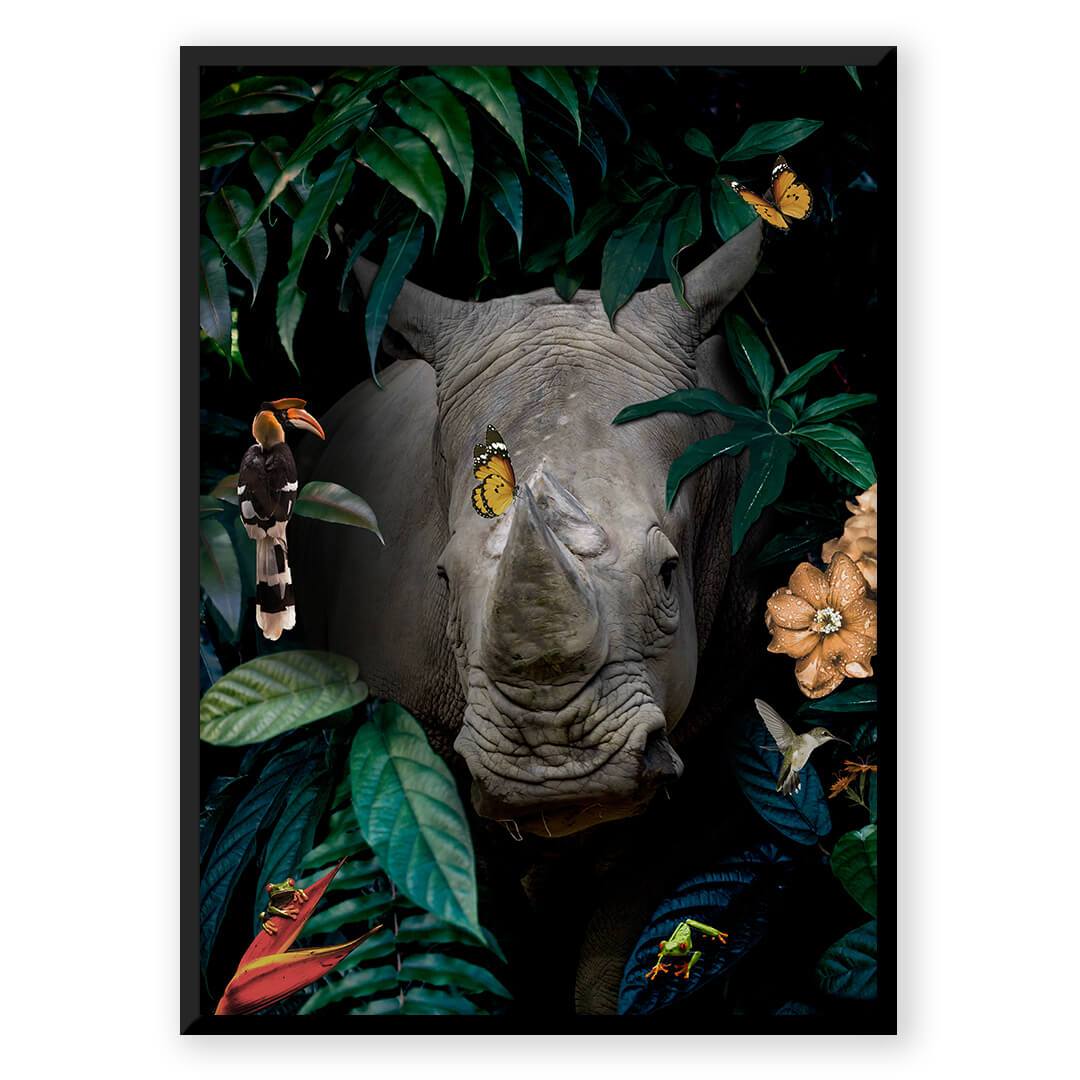 Rhino surrounded by butterflies and jungle foliage (F_13b21628-6a4b)