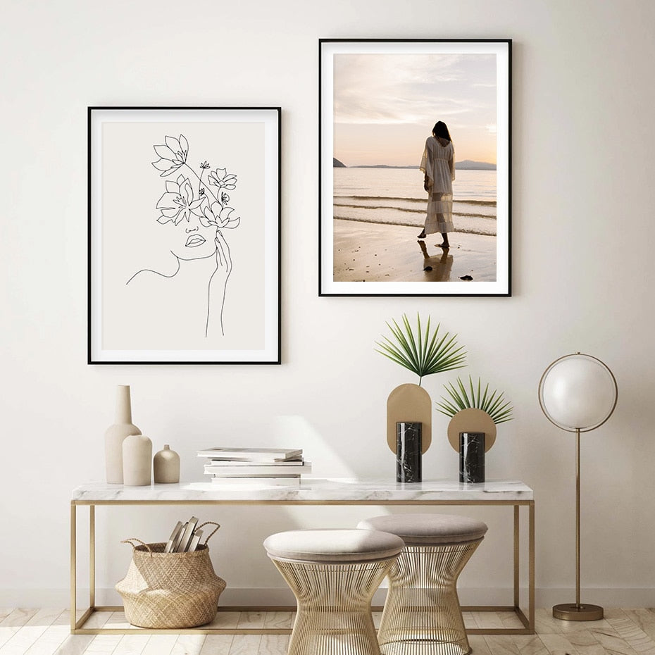 Modern art prints and beach scene decor.