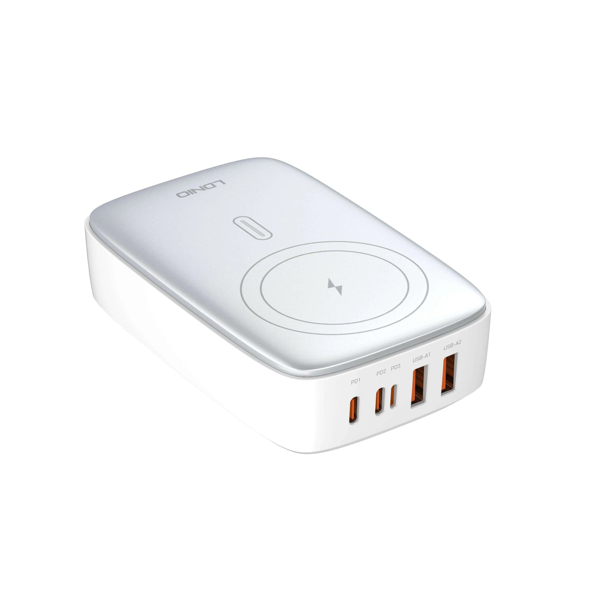 Cargador de escritorio LDNIO Q4010 con GaN 140W, 6 puertos + carga inalámbrica, plugs EU/US/UK y 9 protecciones. Ideal para laptop y móvil.