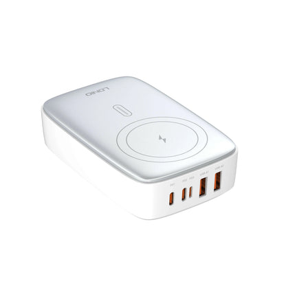 Cargador de escritorio LDNIO Q4010 con GaN 140W, 6 puertos + carga inalámbrica, plugs EU/US/UK y 9 protecciones. Ideal para laptop y móvil.