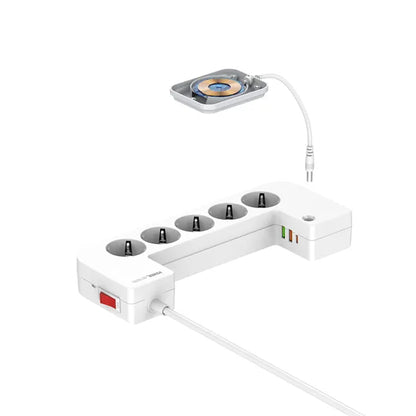 Ordena tu escritorio con la LDNIO SN5311W: regleta con caja organizadora, Qi 15W, USB-C PD 20W y USB-A QC. Cable 2 m, botón maestro y 9 protecciones.