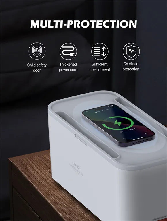 Ordena tu escritorio con la LDNIO SN5311W: regleta con caja organizadora, Qi 15W, USB-C PD 20W y USB-A QC. Cable 2 m, botón maestro y 9 protecciones.