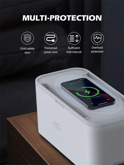 Ordena tu escritorio con la LDNIO SN5311W: regleta con caja organizadora, Qi 15W, USB-C PD 20W y USB-A QC. Cable 2 m, botón maestro y 9 protecciones.