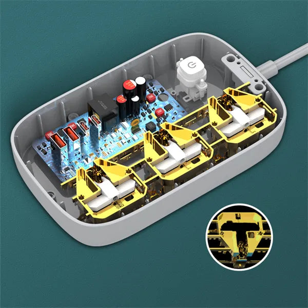 Regleta LDNIO SC3416 con 3 tomas universales y 4 USB (hasta 65 W), cable 2 m, safety door y 9 protecciones. Material ignífugo. Envíos a todo el Perú.