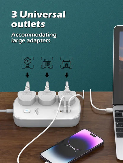 Regleta LDNIO SC3416 con 3 tomas universales y 4 USB (hasta 65 W), cable 2 m, safety door y 9 protecciones. Material ignífugo. Envíos a todo el Perú.