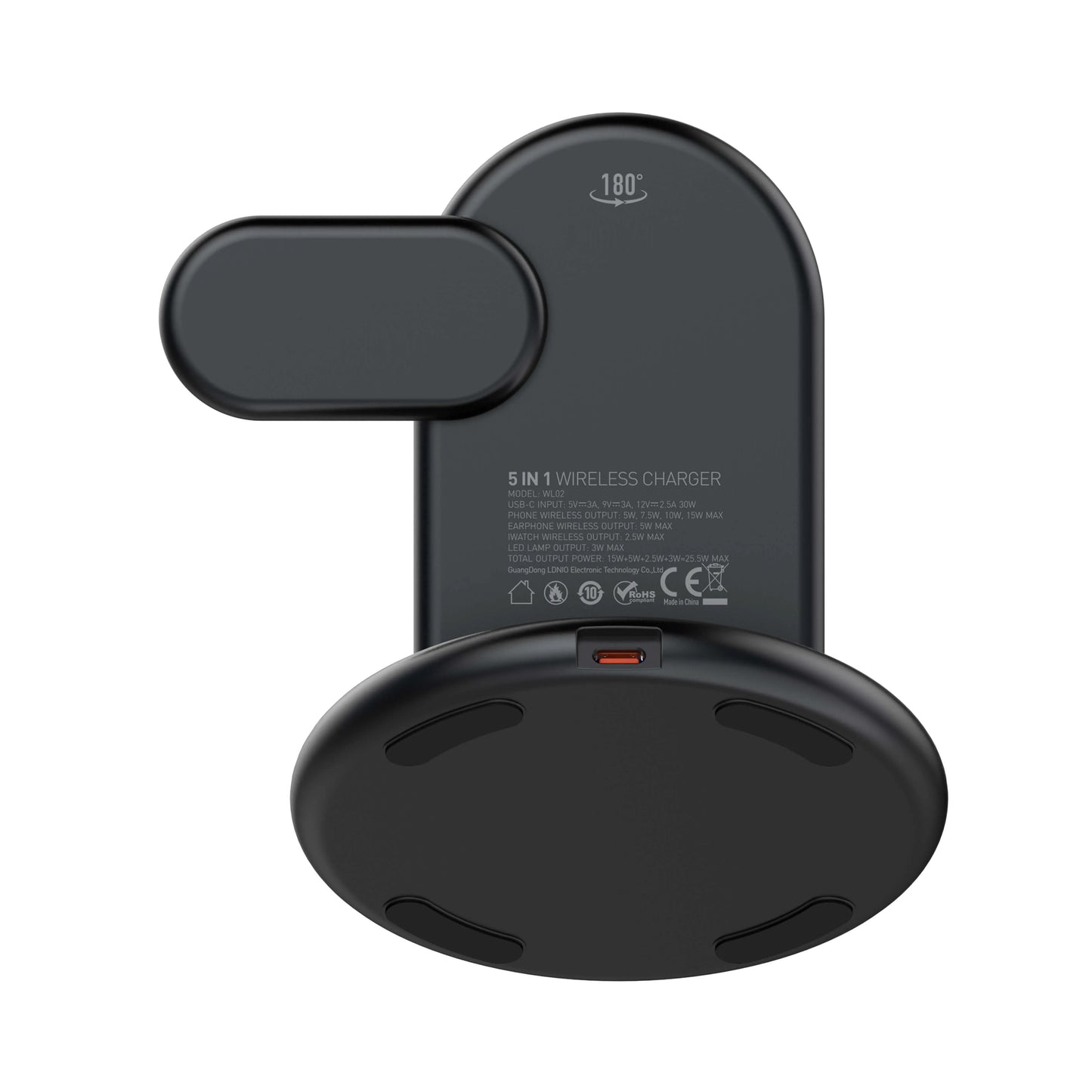 Organiza tu velador/escritorio con la LDNIO WL02: Qi 15W, reloj 2.5W, earbuds 5W, imán N52 y luz LED 3W. Menos cables, más orden.