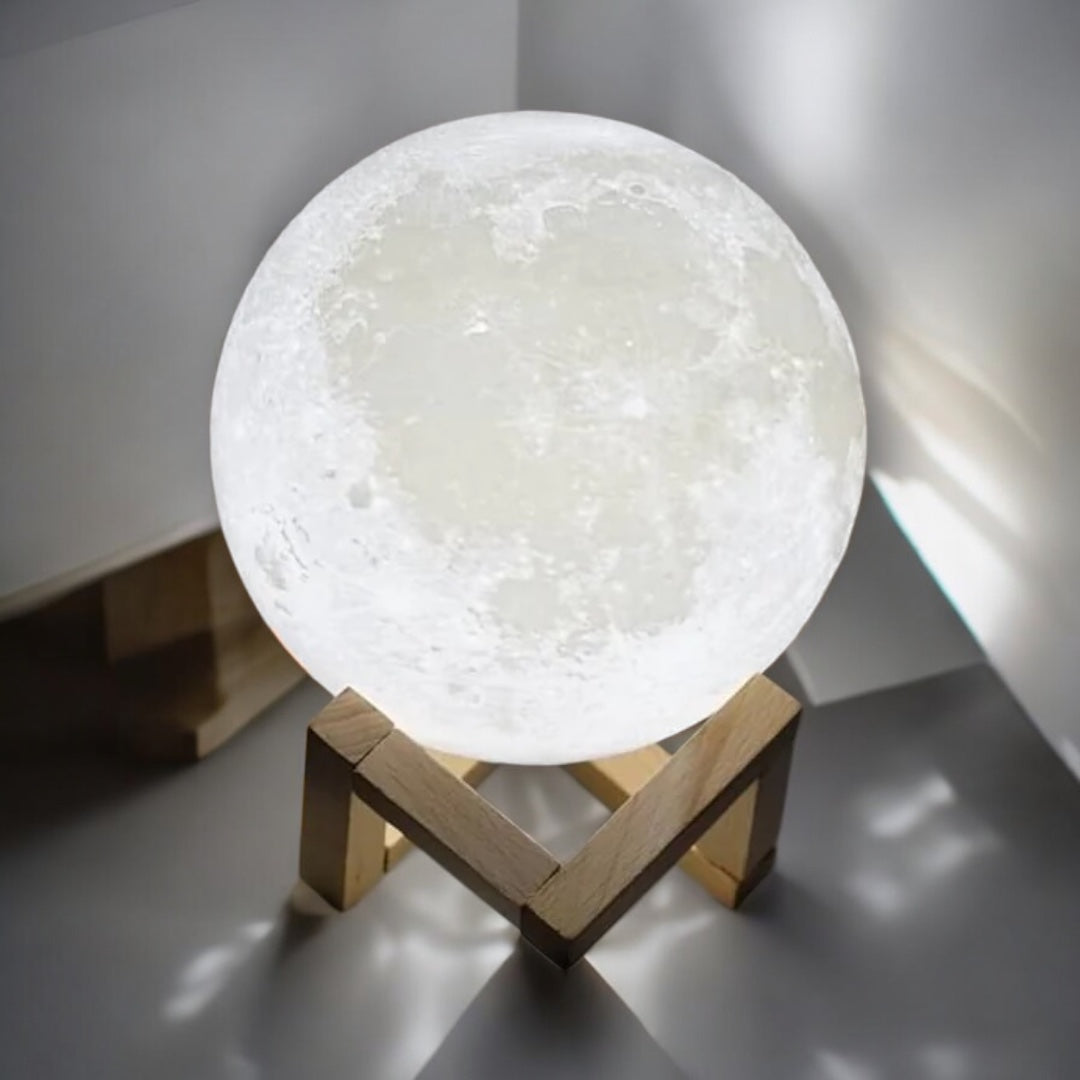 Moon lamp on wooden stand, Photoroom 20241220