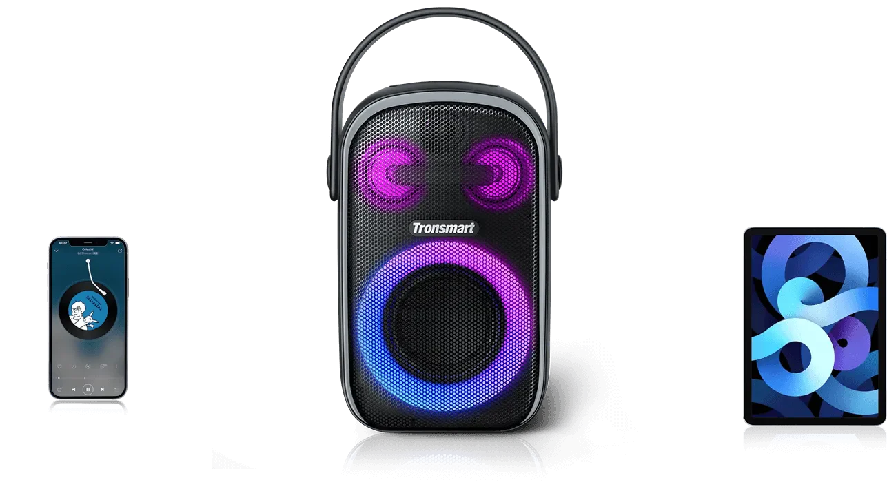 Parlante Bluetooth Tronsmart Halo 100 con sonido potente, bajos marcados y luces RGB. Ideal para fiestas, reuniones y eventos.