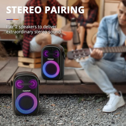 Parlante Bluetooth Tronsmart Halo 100 con sonido potente, bajos marcados y luces RGB. Ideal para fiestas, reuniones y eventos.