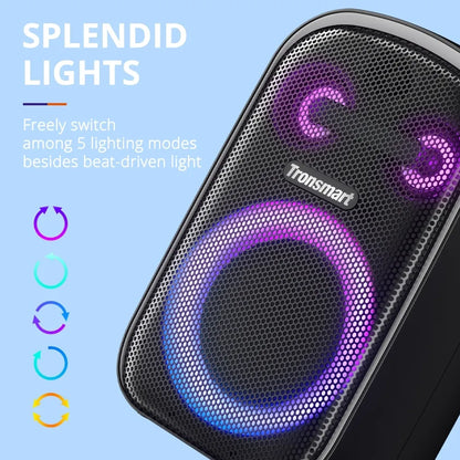 Parlante Bluetooth Tronsmart Halo 100 con sonido potente, bajos marcados y luces RGB. Ideal para fiestas, reuniones y eventos.