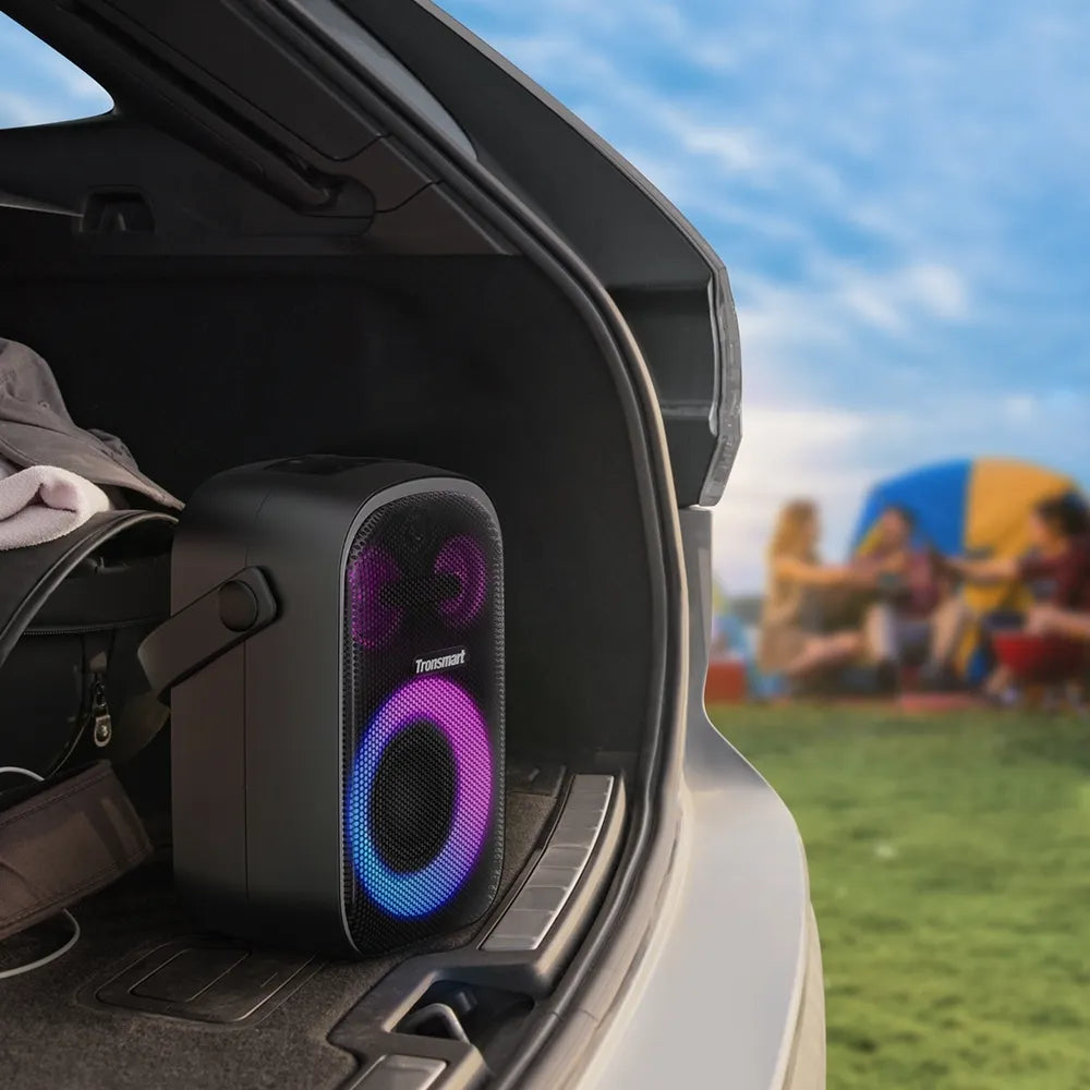 Parlante Bluetooth Tronsmart Halo 100 con sonido potente, bajos marcados y luces RGB. Ideal para fiestas, reuniones y eventos.