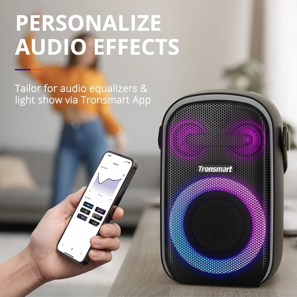 Parlante Bluetooth Tronsmart Halo 100 con sonido potente, bajos marcados y luces RGB. Ideal para fiestas, reuniones y eventos.