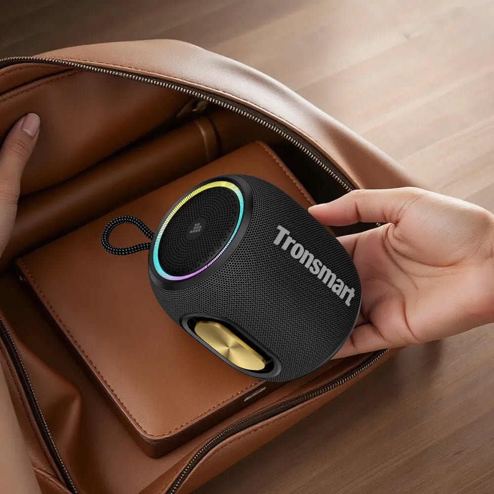 Tronsmart T8 Mini: 16W, IPX7, hasta 20 h (LED off), TWS, sonido 360°, BT 5.3, AUX y TF. Compacto y potente para exteriores y viajes.