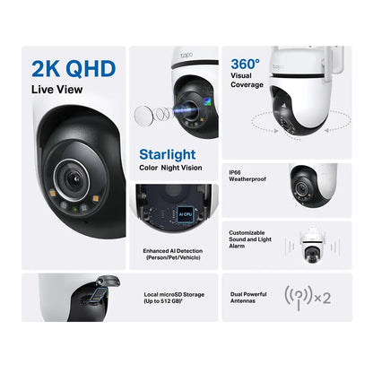 Cámara Tapo C520WS: 2K, giro 360°, visión nocturna color, detección IA, alarma personalizada y protección IP66. ¡Seguridad exterior de alto nivel!