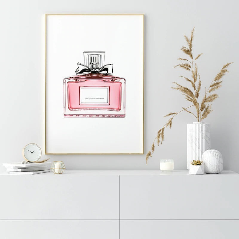 Pink perfume poster with leaf decor
