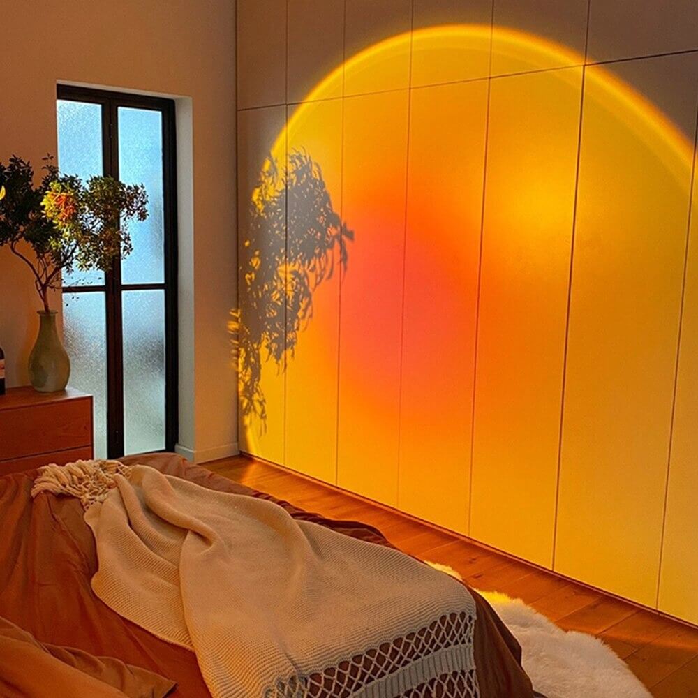 Rainbow LED lamp projecting sunset on wall