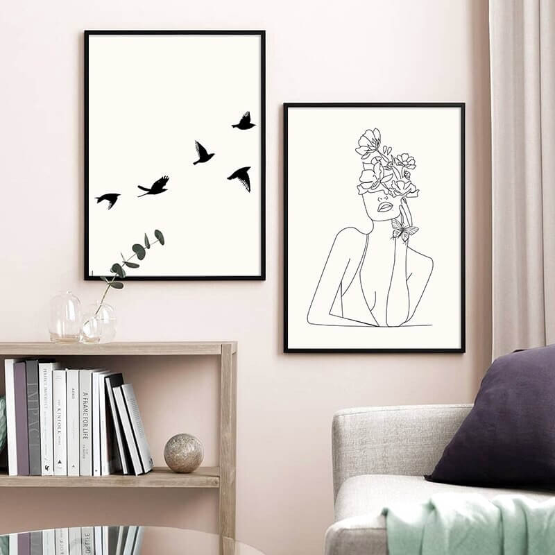 Abstract line art posters with birds and floral woman in beige