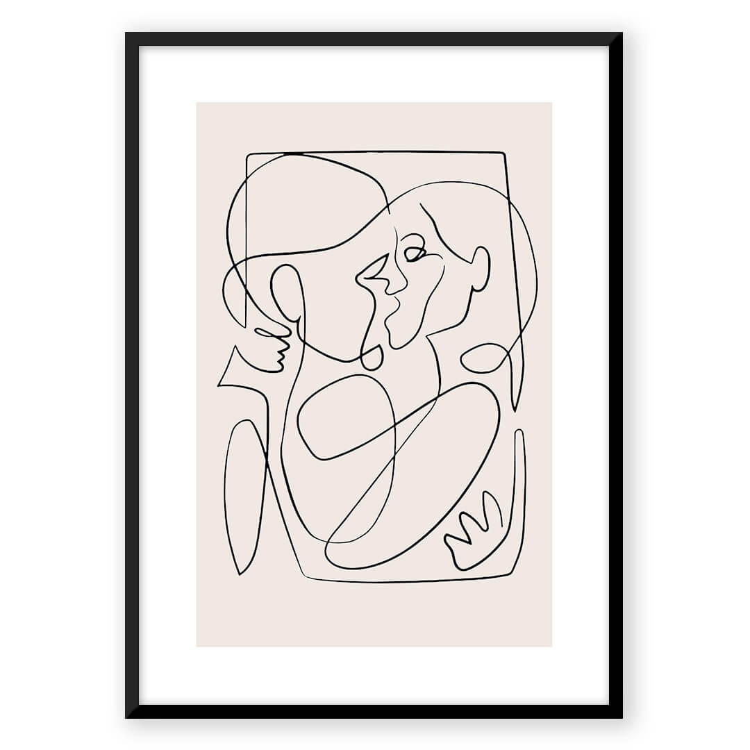 Abstract line art of kissing couple in black frame.