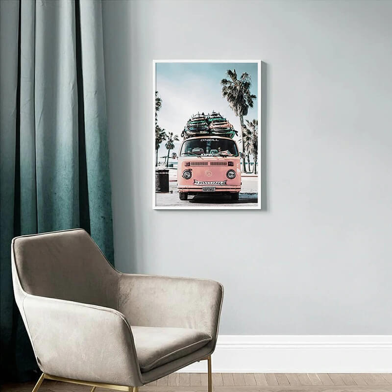 Tropical beach poster with pink van and surfboards